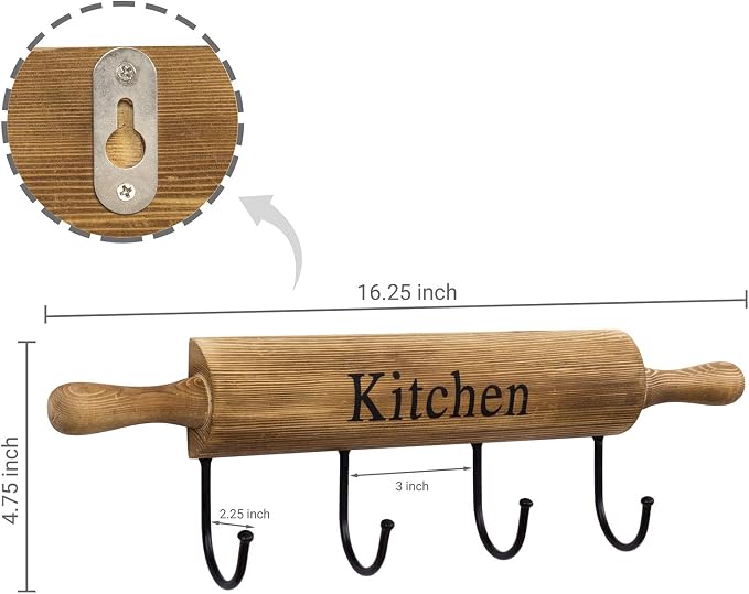 MyGift Rustic Burnt Brown Wood Kitchen Hooks for Hanging Cooking Utensils, Coffee Mugs and Hand Towels, Decorative Rolling Pin Design Kitchen Wall Decor with 4 Hooks | Four sturdy hooks provide convenient hanging space for mugs, towels, utensils, apron... - Image 6