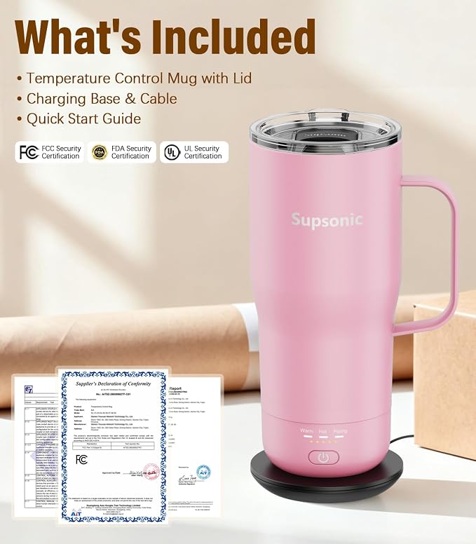 Supsonic Heated Coffee Mug Rechargeable, 20oz Long-Lasting Battery (S3) | Dry-burn protection, 2Hr auto-off, 3-Temp settings, Constant temperature, Inner stainless steel, Warm gift for men women - Image 8