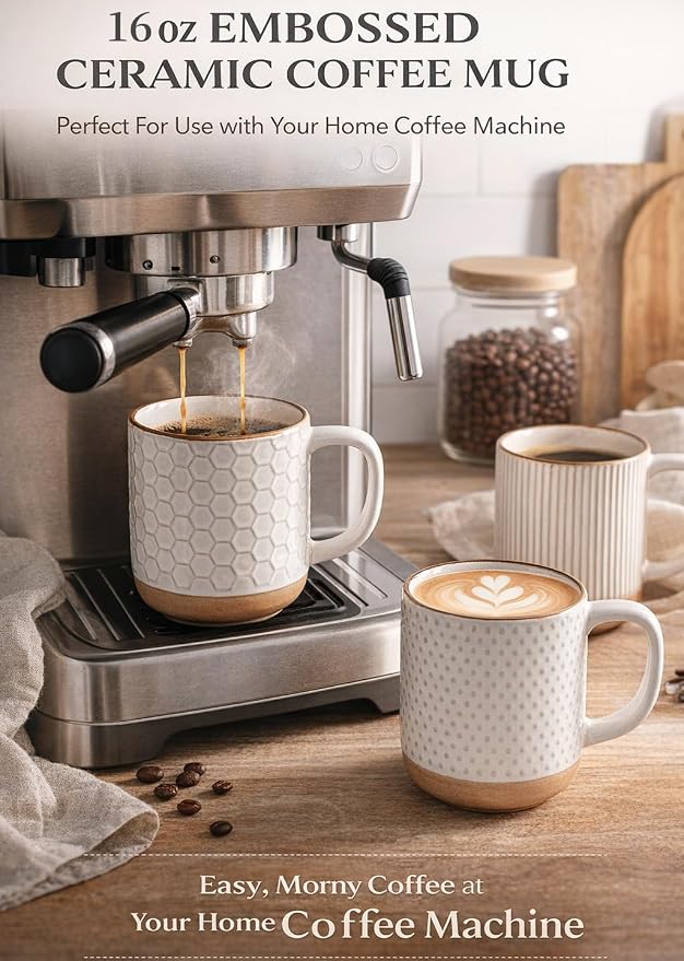 GBhome Large Coffee Mugs Set of 6, 16oz Handmade Stoneware Coffee Mugs Set with Large Handle for Cappuccino/Latte/Tea/Hot Cocoa, Dishwasher & Microwave Safe, Off White - Image 4