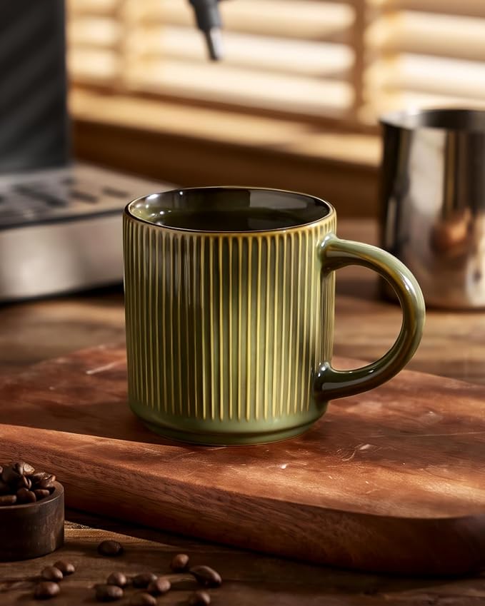 famiware Coffee Mug Set for 4, Star 12 oz Catering Mugs Cup Set with Handle for Coffee, Tea, Cocoa, Milk - Ceramic Stoneware Drinkware Set, Moss - Image 4