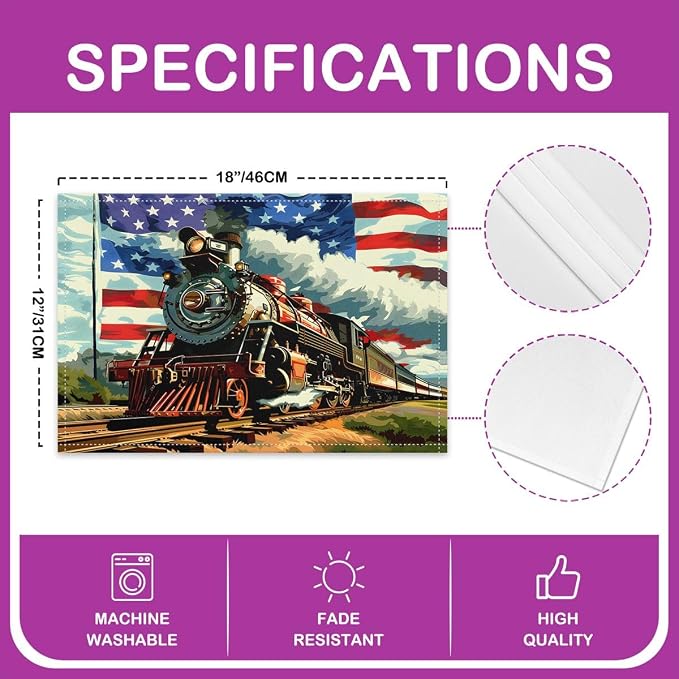 Feelyou Train Placemats Set of 4 American Flag Table Mats for Party Kitchen Dining Decoration Colorful Steam Engine Place Mat for Table Holiday Decor Indoor Outdoor 18"x12" Easy to Clean - Image 4