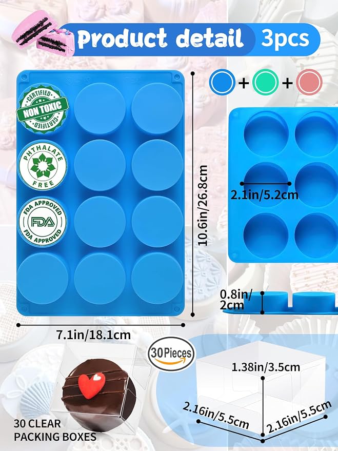 3 Pcs Round Chocolate Cookie Molds Set,12-Cavity Silicone Mold with 30 Clear Treat Boxes, Round Baking Mold for Candy, Mini Cake, Individually Wrapped Cakesicle Party Favor Packaging - Image 2