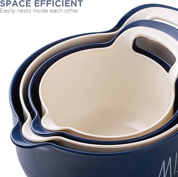 Rae Dunn Non-Slip Mixing Bowls - 4 Piece Nesting Plastic Mixing Bowl Set with Pour Spouts and Handles-Measurement Markings (Cream) - Image 6