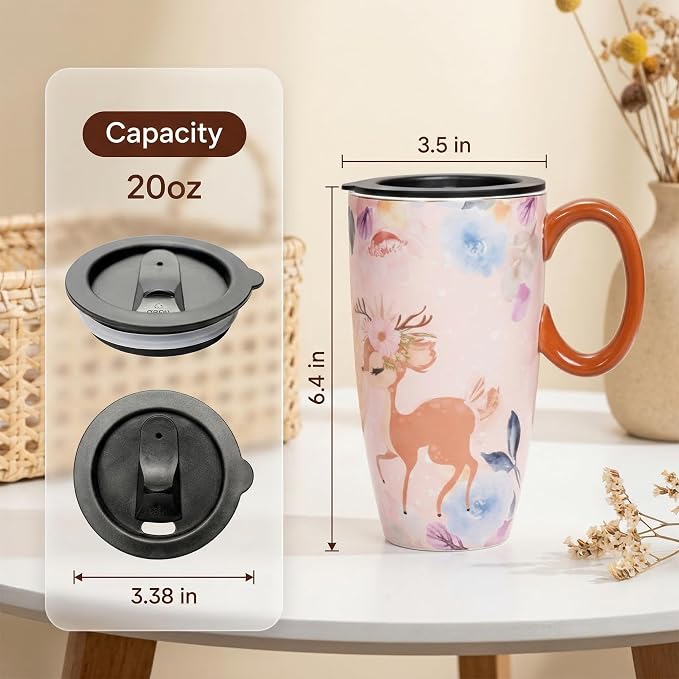 Cute Deer Mug - Travel Mug with Lid, Ceramic Large Coffee Mug, Christmas Holiday Birthday Gifts for Mom Wife Daughter 20oz - Image 2