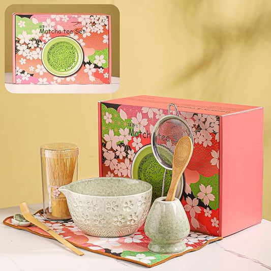 8-Piece Matcha Ceremony Set - Tea Kit with Cherry Blossom Bowl, Bamboo Whisk, Wood Scoops, Tea Cloth & Floral Display - Gift-Ready Pink Cherry color box (Matcha color)