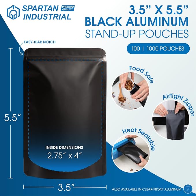 3.5" X 5.5" Matte Black Stand-Up Mylar Bags - 100 Count | Small Smell-Proof Bags With Heat Sealable Opening and Resealable Zipper - Spartan Industrial - Image 2