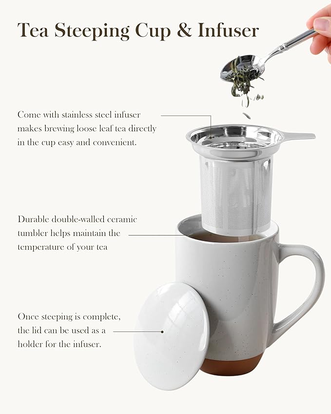 MALACASA Ceramic Tea Mug with Lid and Stainless Steel Infuser, 18 oz Large Tea Cup for Loose Leaf Tea, Heat-Resistant, Microwave & Dishwasher Safe, Speckled Glaze Coffee & Tea Brewer Mug, Khaki Gray - Image 5