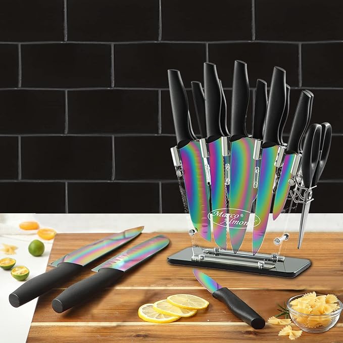 Marco Almond® Knife Block Set,14-Piece Rainbow Color Stainless Steel Knife Sets for Kitchen with block, KYA35 Chef Cooking Knives Set with Acrylic Stand | Rainbow Color Stainless Steel,Knives Set w Acrylic Stand,Razor Sharp,Anti-Rust,Ergonomic Handle,F... - Image 7