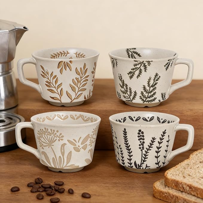 Vintage Ceramic Mug Set - 12 oz Unique Ceramic Coffee Mugs & Tea Cups with Hand-Drawn Patterns, Dishwasher & Microwave Safe, Ideal Gift - Image 2