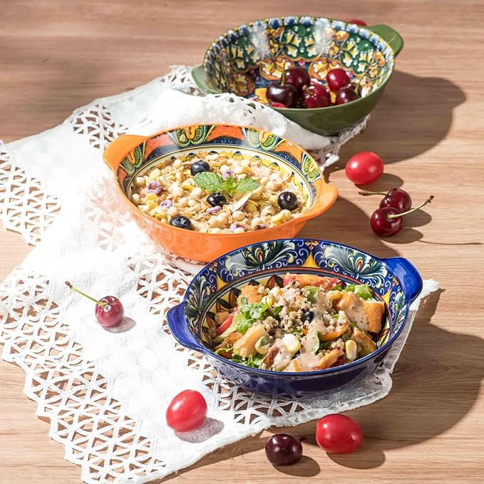 Henten Home Ceramic Soup Bowls Set, 14 oz Cereal Bowl Set of 6, Small Dessert Bowls with Handle, Boho Serving Bowls Set for Kitchen, Snack, Salad, Microwave & Dishwasher Safe - Image 7