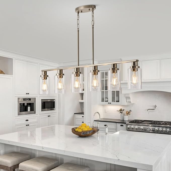 Dining Room Light Fixtures Over Table,6-Light Farmhouse Kitchen Island Lighting,44.3'' Linear Chandelier Pendant Lighting for Kitchen Island for Brushed Nickel Finish with Clear Glass Shade by KPIOK