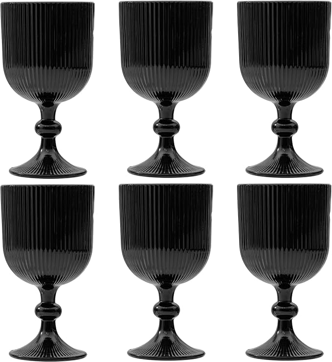 Black Vintage Wine Glasses Set of 6, 11 Ounces Colored Glass Water Goblets, Unique Embossed Pattern High Clear Stemmed Glassware Wedding Party Bar Glass Drinking Cups Fancy Glasses Hand Wash Only by XKXKKE