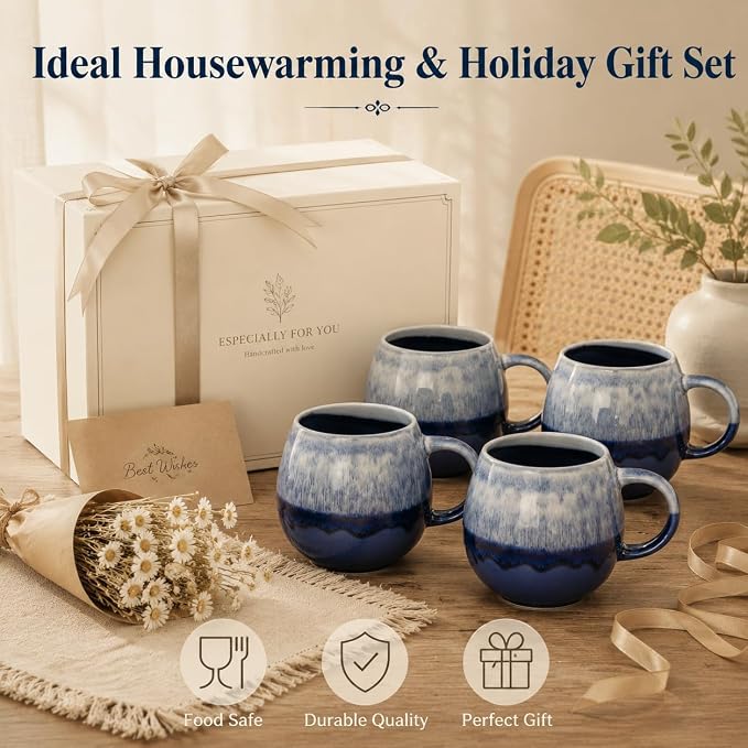 Ceramic Coffee Mug, Coffee Mug Set of 4,16 oz Coffee Cups | Stoneware Latte Cups for Tea & Cappuccino, Unique Holiday Gifts with Compact Ergonomic Small Handle, Aesthetic Nordic Design - Image 5