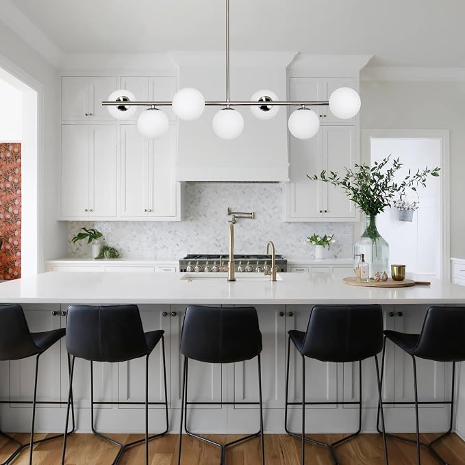 Brushed Nickel Mid Century Modern Chandelier, Linear Sputnik Bubble Pendant Light with Milk Glass Globes, Dimmable Dining Room Light Fixtures over Table for Kitchen Island Living Room Foyer Bedroom - Image 3