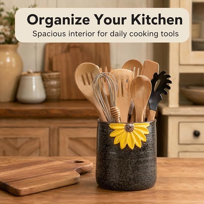 Ceramic Utensil Holder Sunflower Kitchen Utensil Crock Flower Vase Decor | Reactive glaze ceramic utensil holder countertop farmhouse with 3D yellow sunflower relief, cork base, ribbed anti-slip grip. - Image 6