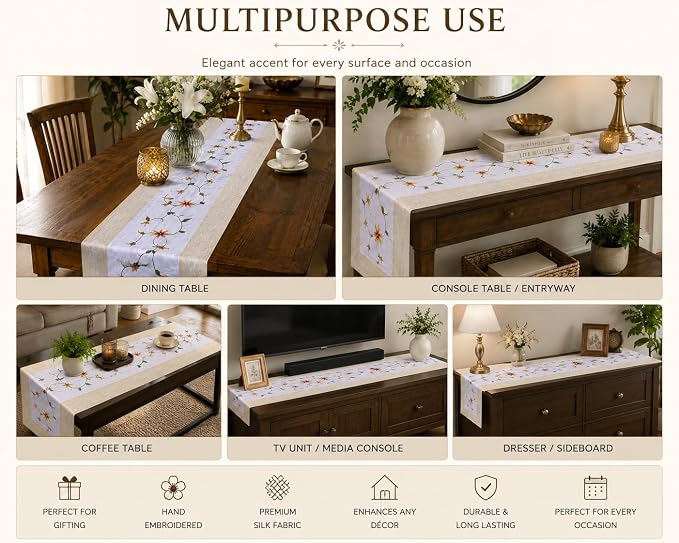 Hand Embroidered Silk Table Runner, White Floral Vine Design with Gold Border, Decorative Table Linen for Dining Table, Coffee Table, Console Table and Home Décor, 60 x 18 Inches - Image 3