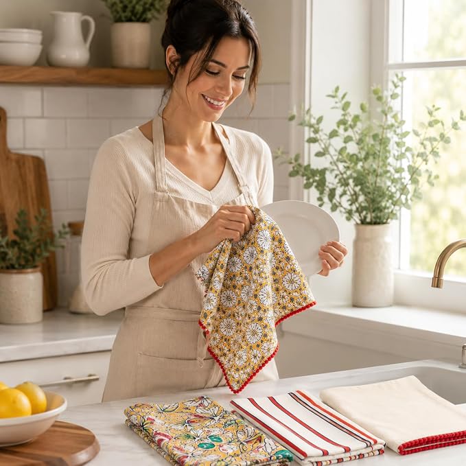 TARAN LIVING Printed Cotton Kitchen Towels – Set of 4 Soft & Absorbent Dish Towels with Hanging Loops (18x28 in) - Image 6