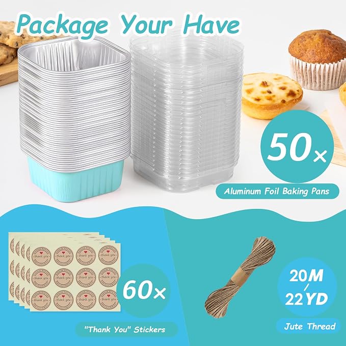 Mini Square Baking Cups with Lids, 50 Pcs 5oz Blue Aluminum Foil Cupcake Tins with Lids, Disposable Ramekins Flan Cake Pans Tins for Souffle, Dessert, Valentine, Wedding, Party Small Cake Containers - Image 6