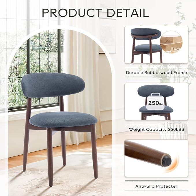 COLAMY Wooden Dining Chairs Set of 4, Modern Fabric Upholstered Dining Room Chair, Farmhouse Kitchen Side Chairs with Foot Pegs, Blue - Image 5