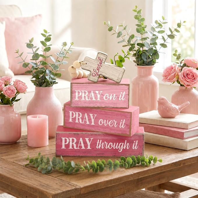Moucuny 4 Pcs Pink Christian Table Decor Cross Wooden Bible Verse Sign Religious Pink Pray Block Signs Gifts with Beaded Garland Tassel Artificial Plant Farmhouse Christian Home Decor for Office Shelf - Image 2