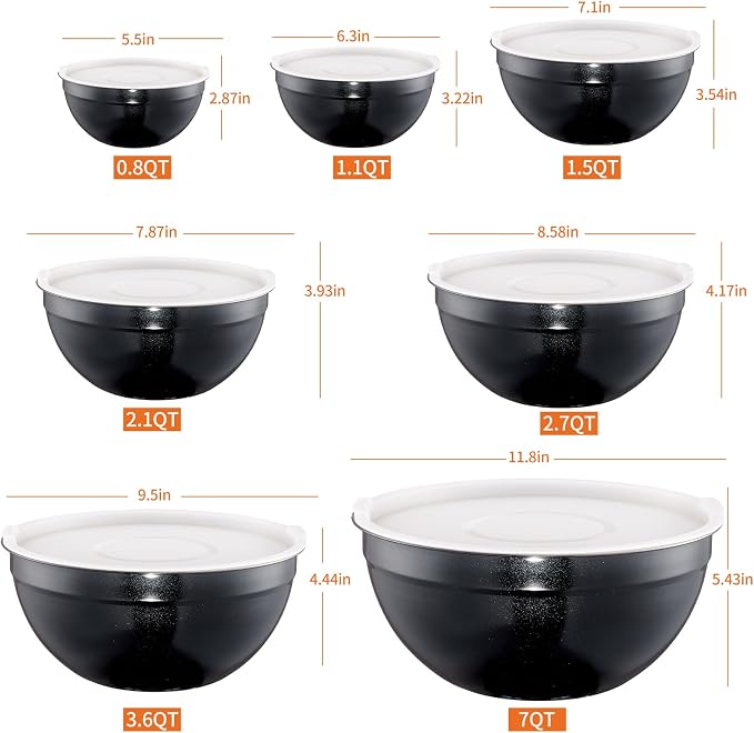 Black Mixing Bowls with Airtight Lids, Stainless Steel Nesting Mixing Bowls Set of 7, Ideal for Baking, Prepping and Serving Food, Size 7, 3.6, 2.7, 2.1, 1.5, 1.1,0.8 QT, Stackable Design - Image 2