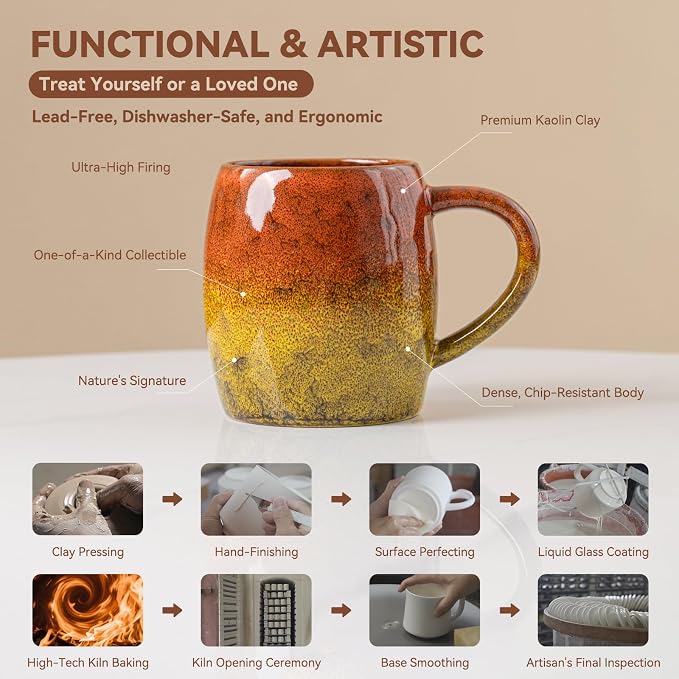 Handmade 22oz Ceramic Coffee Mug, Ergonomic Large Handle, Ideal Gift for Coffee Lovers, Microwave & Dishwasher Safe (Minute-Orange&Yellow) - Image 7
