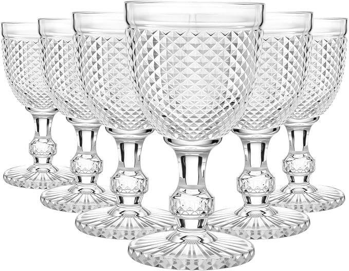 Bokon 6 Pack Clear Glass Goblets Set 10 oz High Clear Wine Glass Vintage Water Goblets Cups Embossed Diamond Design Glassware with Stem for Drinking Juice Liquor Party Wedding Bar by Bokon