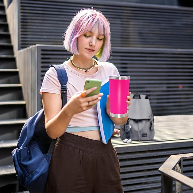 20oz Tumbler Insulated Coffee Tumblers with Lid Stainless Steel Hot Pink 8P | 20 oz Tumblers Double Wall Insulated Vacuum 20oz Coffee Mug Leak Proof Tumblers with Lid Powder Coated - Hot Pink 8 Pack - Image 9