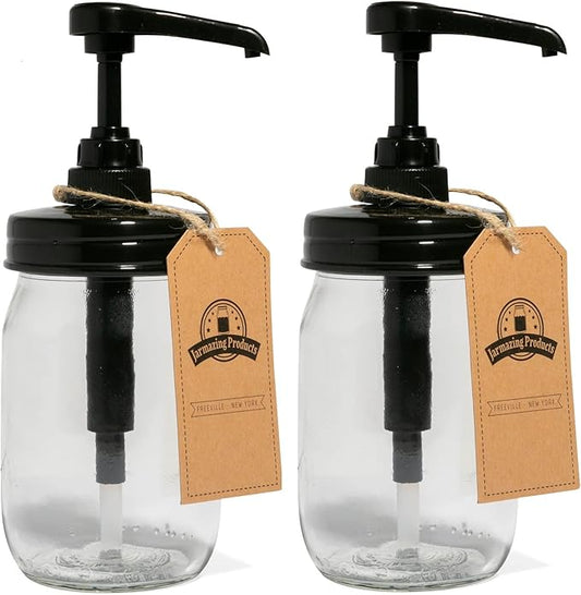 Jarmazing Products Mason Jar Syrup Dispenser - Set of 2 – 16 oz Smooth Jars with Rust-Proof, Leak-Proof, Food Grade Pumps for Honey, Syrups, Condiments, Salad Dressings and More