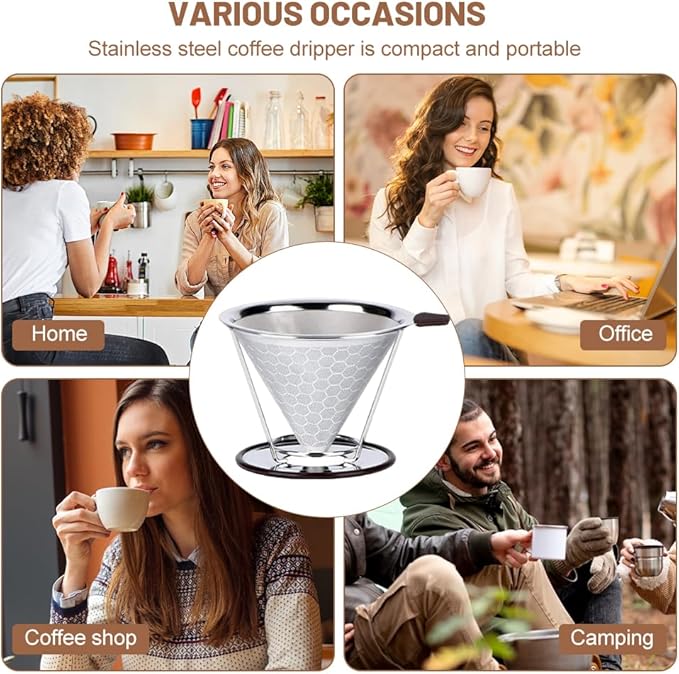 Pour Over Coffee Dripper, Stainless Steel Metal Cone Coffee Filter Single Cup Coffe-e Maker with Non-slip Cups Stand, Reusable Paperless Dripper for Medium Grind Coffe-e, Optimize Extraction(Silver)