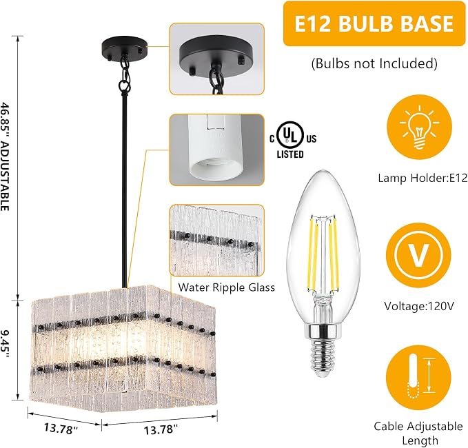 Modern Black Crystal Chandelier for Dining Room,Contemporary Square Water Ripple Glass Chandelier 4 Lights for Kitchen Island Entryway UL Listed - Image 2