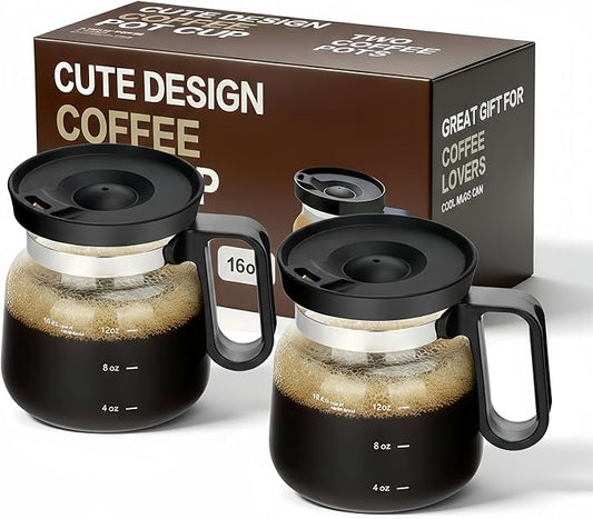 2pcs Coffee Pot Mug with Lid,16Oz Mini Glass Coffee Pot Coffee Mug Set with Spill Proof Lid & Heat Proof, Novelty Coffee Pot Cup for Coffee Lovers Gifts (2PCS) by Foubret