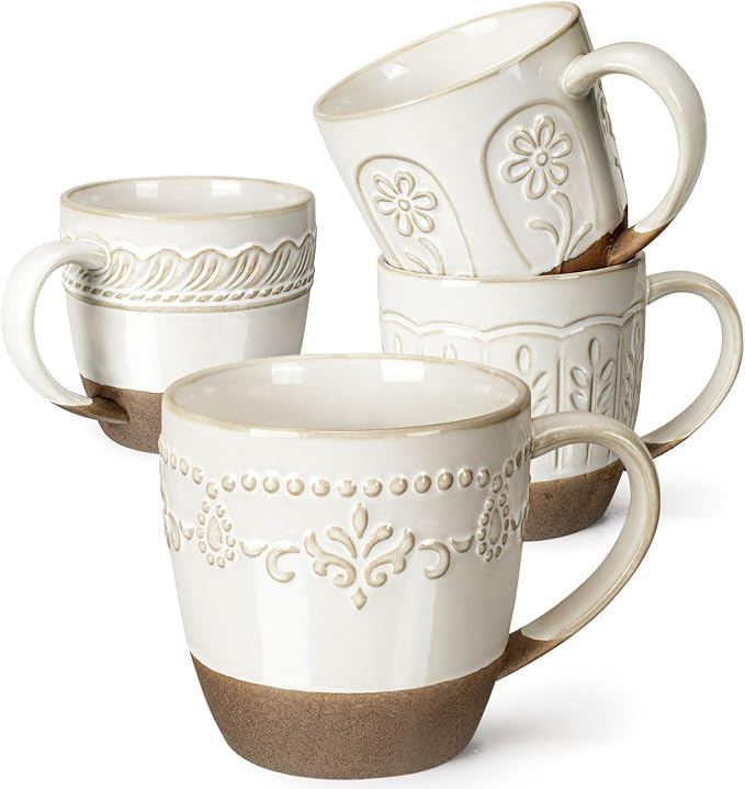 Artena Ceramic Coffee Mugs Set of 4, 16oz Embossed Large Latte Mugs Coffee Cups with Handle for Tea, Latte, Cappuccino & Cocoa, Milk Dishwasher & Microwave Safe, White (Multiple Patterns) by Artena