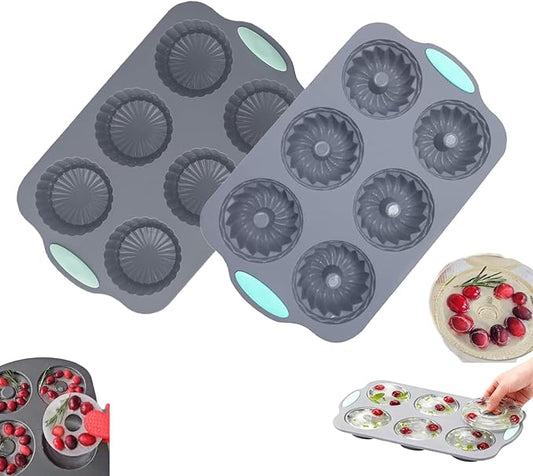 Wreath Ice Cube, Christmas Silicone Wreath Shaped Ice Cube Tray and Snowflake Mold Set, 6 Hole Mini Bund and Cake Pan Candy Bakeware for Holiday Cocktails Ice Cubes DIY Crafts (D+E)