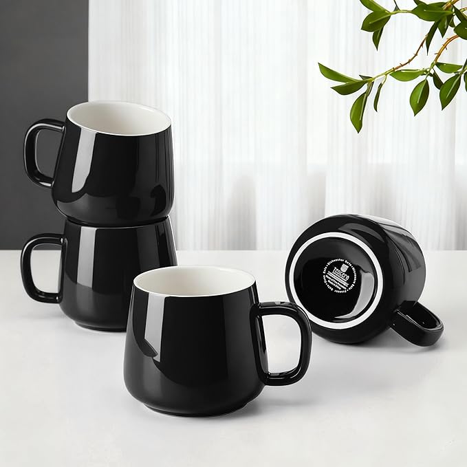 Teocera Ceramic Coffee Mug Set of 4-12 oz Coffee Mugs with Large Handles for Hot or Cold Drinks Like Latte, Cocoa, Tea or Juice - Smooth Ceramic, Dishwasher Safe，Black by Teocera