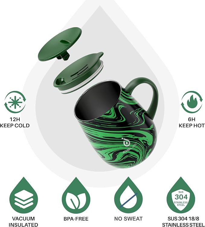 Ideus 16 oz (470 ml) Insulated Coffee Mug with Handle and Lid, Double Wall Stainless Steel Vacuum Thermal Coffee Mug, Travel Coffee Cup Thermal Cup for Home and Office (Green Zebra) - Image 2