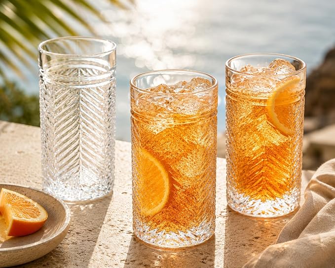 Highball Glasses Set of 4 Herringbone, 15.5 oz Tall Drinking Glasses, Elegant Textured Premium Glassware Tumblers for Water, Juice, Cocktails, Everyday use Vintage Style Beverage Glass Set - Image 2