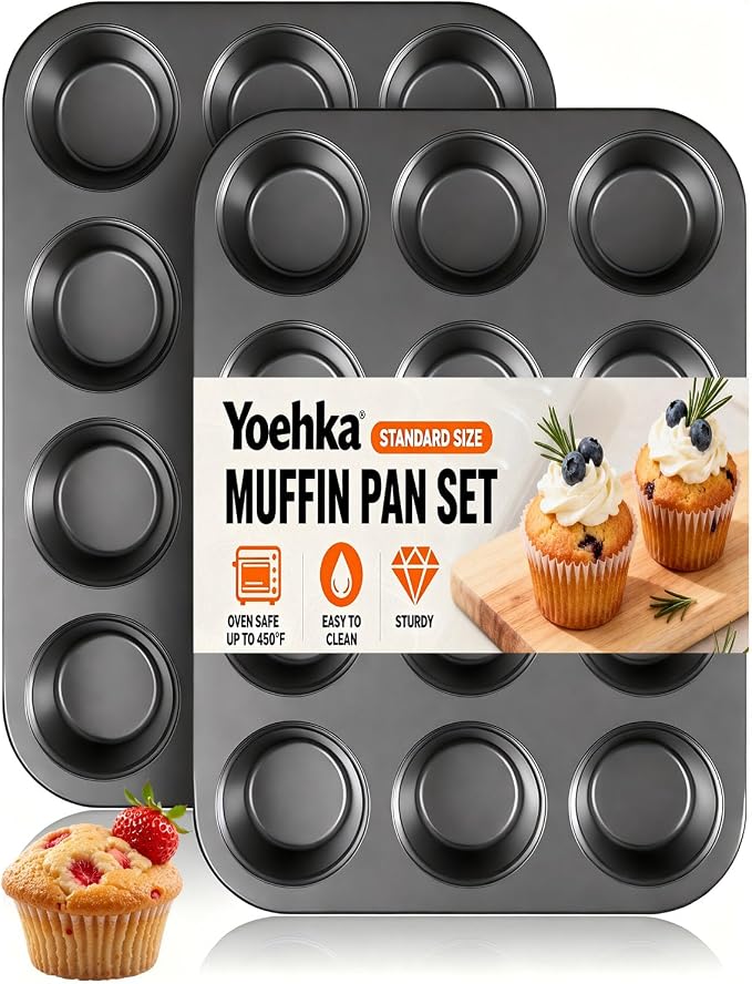 Yoehka 2 Pack Muffin Pan for Baking, Non-stick Cupcake Pan Set, Black | Standard 12-Cups Muffin Tin for Baking Cupcakes, Carbon Steel Baking Supplies by Yoehka