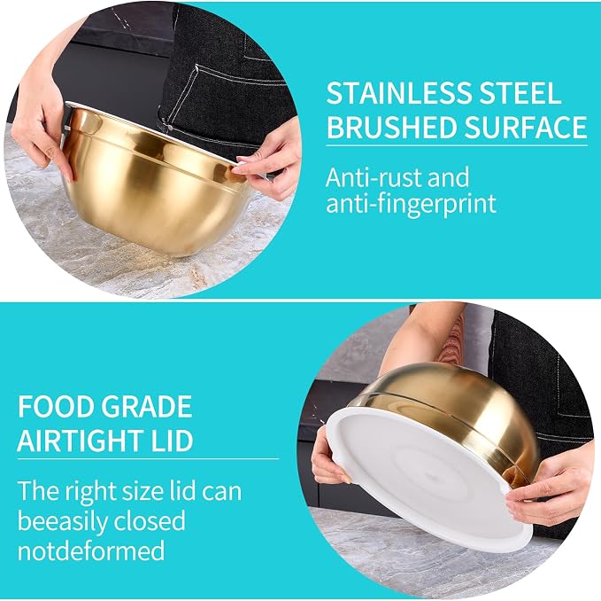 4 Piece Gold Mixing Bowls With Lids for Kitchen, Stainless Steel Set Ideal for Baking, Prepping, Cooking and Serving Food, Nesting Metal Bowls for Space Saving Storage - Image 5