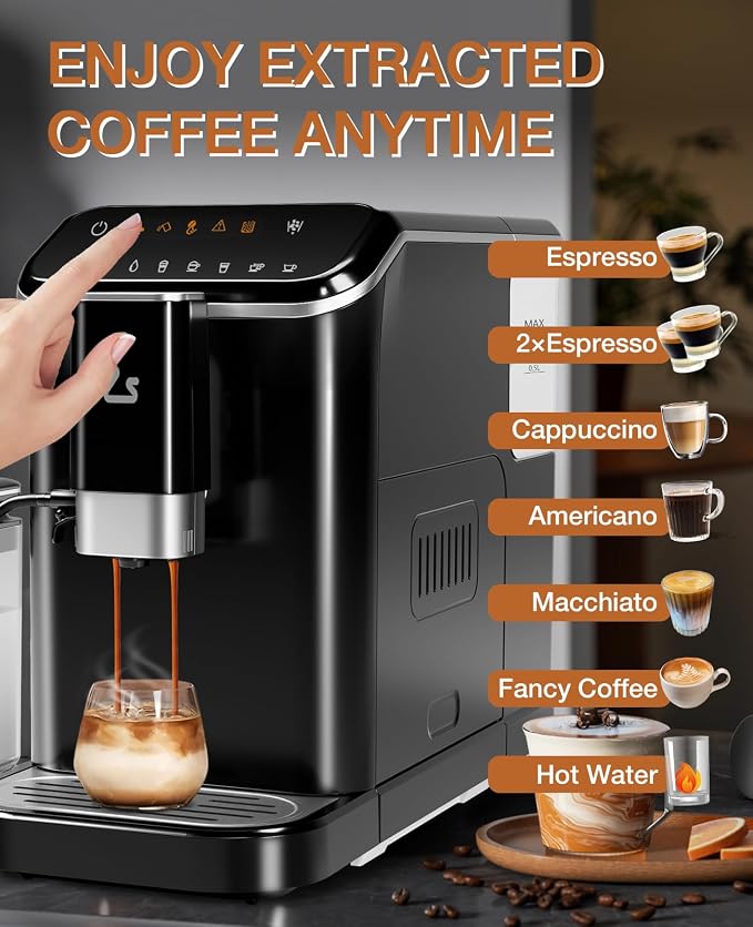 Jojoka 20 Bar Fully Automatic Coffee Machine with Grinder & Frother | Touchscreen control, 15 adjustable grind settings, dual boiler, 1.5L removable water tank, automatic milk frother - Image 7