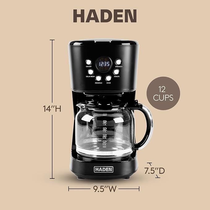 HADEN Coffee Machine, 12 Cup Programmable Drip Coffee Maker with Auto Shut-Off Function and Reusable Washable Water Filter, Black & Chrome - Image 4