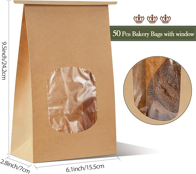 Tenare 50 Pieces Bakery Bag with Window Kraft Paper Bag 6.1 x 2.76 x 9.5 in | Christmas Tin Tie Tab Lock and 60 Pieces Handmade Label Seal Stickers Window for Xmas Coffee Cookie Treat - Image 2