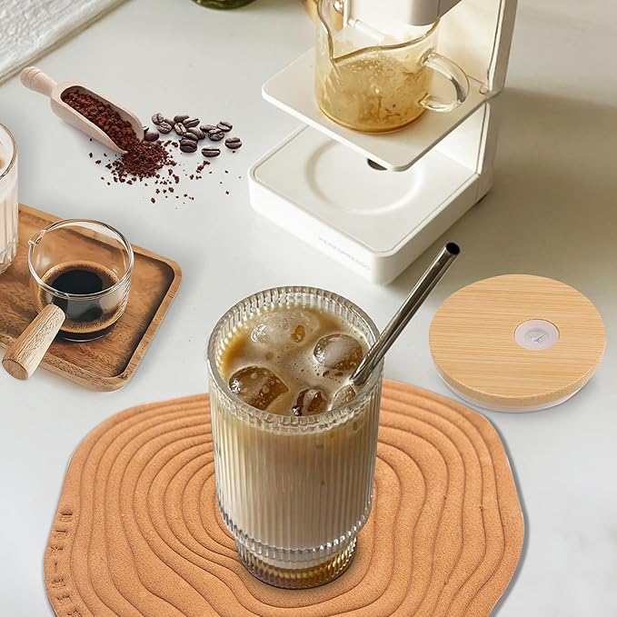 16oz Glass Cups with Lids and Straws - 4 Pack Iced Coffee Cups, Clear Tumbler with Bamboo Lid & Straw, Reusable Ribbed Glassware for Matcha, Smoothie, Cocktail,Juice