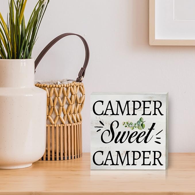 Camper Sweet Camper Wood Box Sign Home Decor Rustic Camping Quote Wooden Box Sign Block Plaque for Wall Tabletop Desk Home Decoration 5" x 5" - Image 5