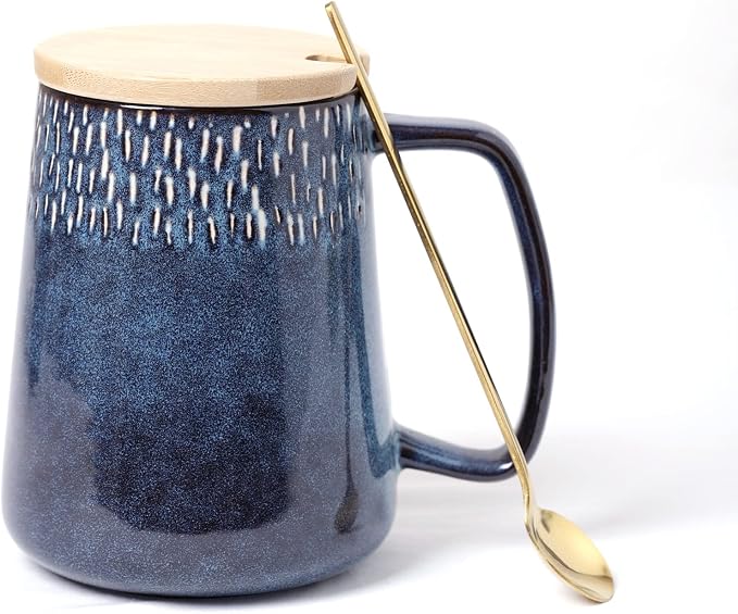 Large Ceramics Coffee Mugs,24 OZ,with Spoon and Wooden Lid,for Coffee,Tea,Large Handle Design,Microwave and Dishwasher Safe(Color:24 oz star blue set) by Ceraozmus