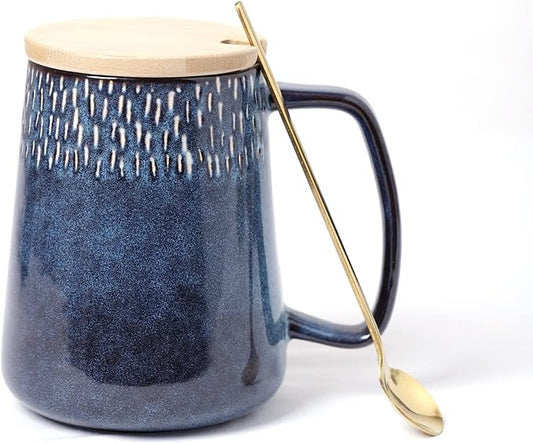 Large Ceramics Coffee Mugs,24 OZ,with Spoon and Wooden Lid,for Coffee,Tea,Large Handle Design,Microwave and Dishwasher Safe(Color:24 oz star blue set) by Ceraozmus