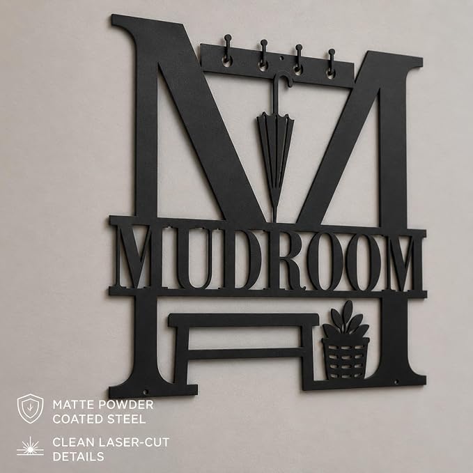 Mudroom Metal Wall Decor, Farmhouse Entryway Sign, 14 Inch | 14-inch matte black metal mudroom sign with pre-drilled holes for farmhouse entryway, hallway, or utility room decor. - Image 8