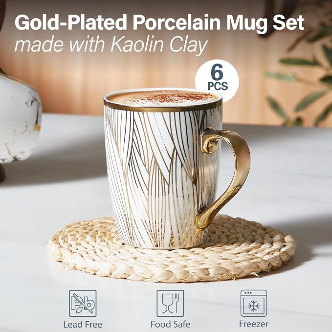 ONEMORE Coffee Mugs 18oz - Gold-Plated Ceramic Mugs for Latte, Hot Tea, Cappuccino, Mocha, Cocoa - Luxury Gold Trim Mug Set of 6, White & Gold, Multicolored - Image 2
