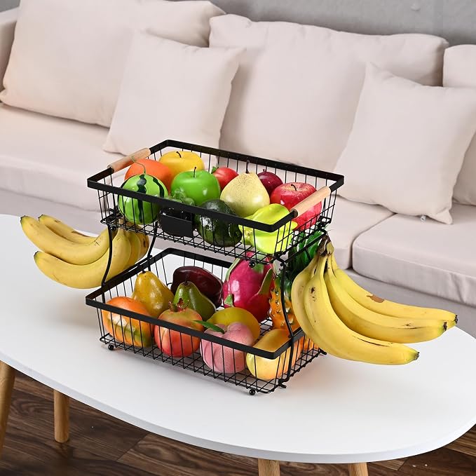 Fruit Basket Bowl 2 Tier Detachable with 2 Banana Hangers, Fruit Stand Holder for Kitchen Countertop, Metal Wire Vegetable Storage Organizer, for Bread Snack Veggies Produce, Black - Image 5