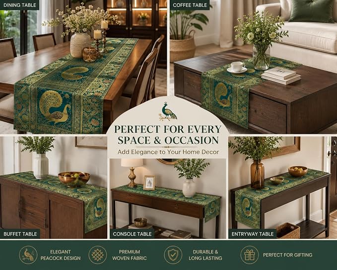 Peacock Design Silk Table Runner 60 x 16 Inch, Green and Gold Decorative Table Cloth, Vintage Floral Dining Table Runner for Kitchen, Coffee Table and Home Decor - Image 2